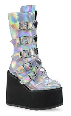 Demonia SWING-230 Silver Holographic Platform Mid-Calf Boots Shoes