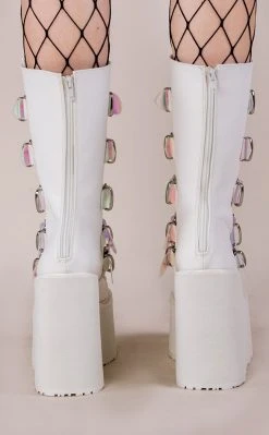 Demonia SWING-230 White Vegan Leather Platform Mid-Calf Boots (AU Stock)