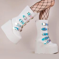 Demonia SWING-230 White Vegan Leather Platform Mid-Calf Boots (AU Stock)