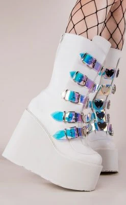 Demonia SWING-230 White Vegan Leather Platform Mid-Calf Boots Shoes