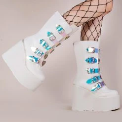 Demonia SWING-230 White Vegan Leather Platform Mid-Calf Boots Shoes 11 Demonia SWING-230 White Vegan Leather Platform Mid-Calf Boots Shoes