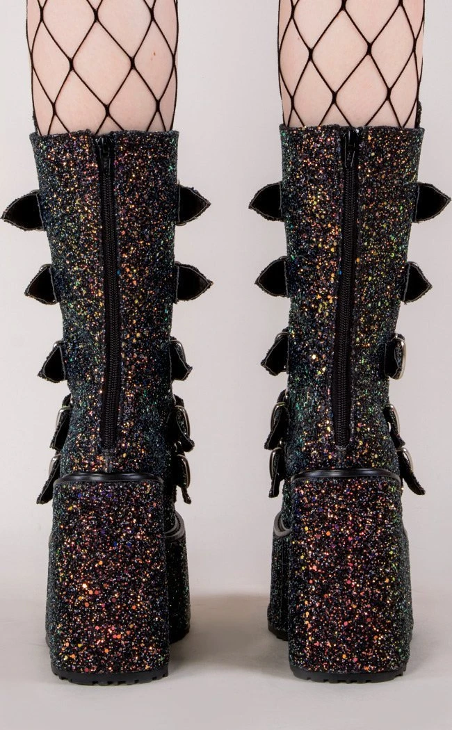 Demonia Shoes SWING-230G Black Glitter Platform Knee High Boots 5 Demonia Shoes SWING-230G Black Glitter Platform Knee High Boots
