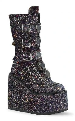 Demonia Shoes SWING-230G Black Glitter Platform Knee High Boots 11 Demonia Shoes SWING-230G Black Glitter Platform Knee High Boots
