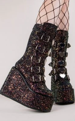 Demonia Shoes SWING-230G Black Glitter Platform Knee High Boots