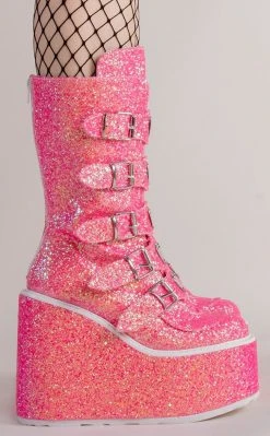 Demonia SWING-230G Pink UV Glitter Platform Mid-Calf Boots