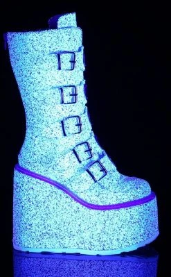 Demonia SWING-230G White UV Glitter Platform Mid-Calf Boots Shoes