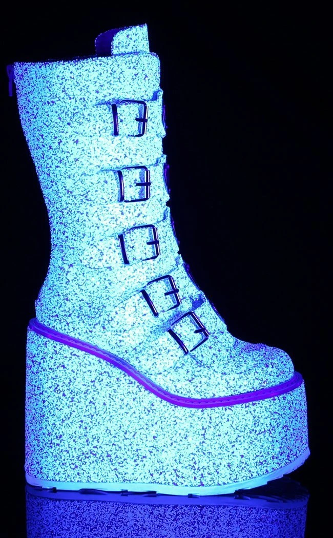 Demonia SWING-230G White UV Glitter Platform Mid-Calf Boots Shoes 4 Demonia SWING-230G White UV Glitter Platform Mid-Calf Boots Shoes