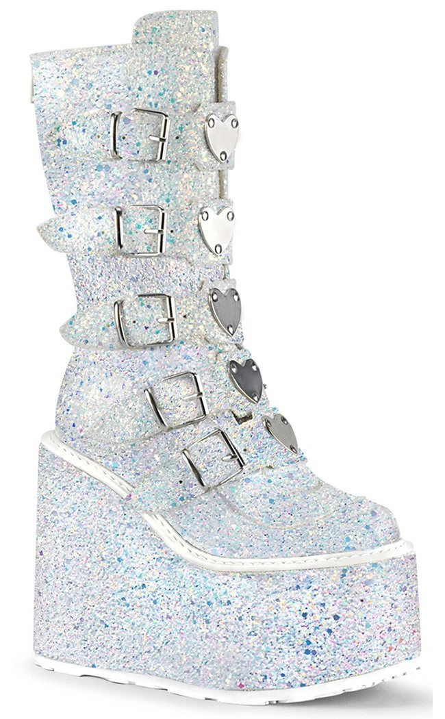 Demonia SWING-230G White UV Glitter Platform Mid-Calf Boots Shoes 8 Demonia SWING-230G White UV Glitter Platform Mid-Calf Boots Shoes