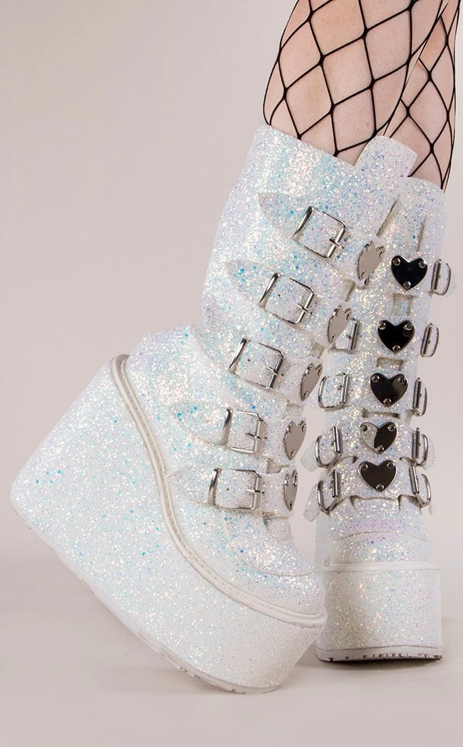 Demonia SWING-230G White UV Glitter Platform Mid-Calf Boots Shoes 3 Demonia SWING-230G White UV Glitter Platform Mid-Calf Boots Shoes