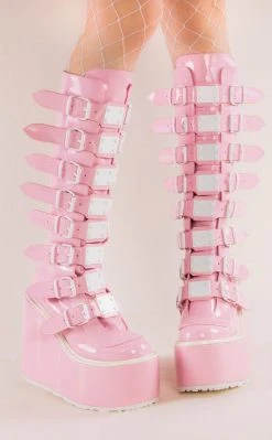 Demonia SWING-815 Baby Pink Holographic Trinity Platform Knee High Boots (Au Stock)