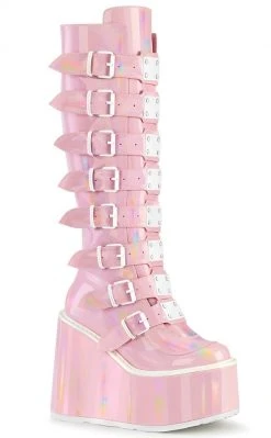 Demonia SWING-815 Baby Pink Holographic Trinity Platform Knee High Boots Shoes