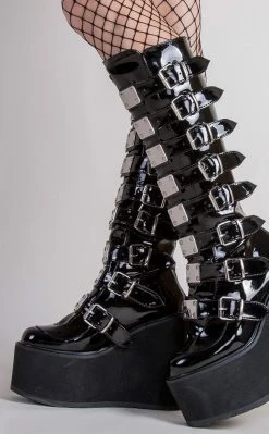 Demonia SWING-815 Black Patent Trinity Platform Knee High Boots (Au Stock) Shoes