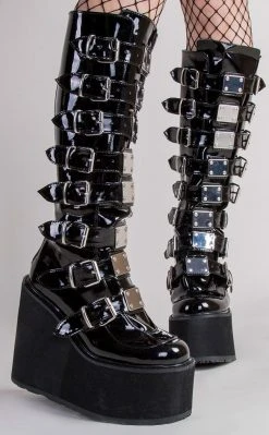 Demonia SWING-815 Black Patent Trinity Platform Knee High Boots (Au Stock) Shoes