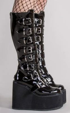 Demonia Shoes SWING-815 Black Patent Trinity Platform Knee High Boots 11 Demonia Shoes SWING-815 Black Patent Trinity Platform Knee High Boots