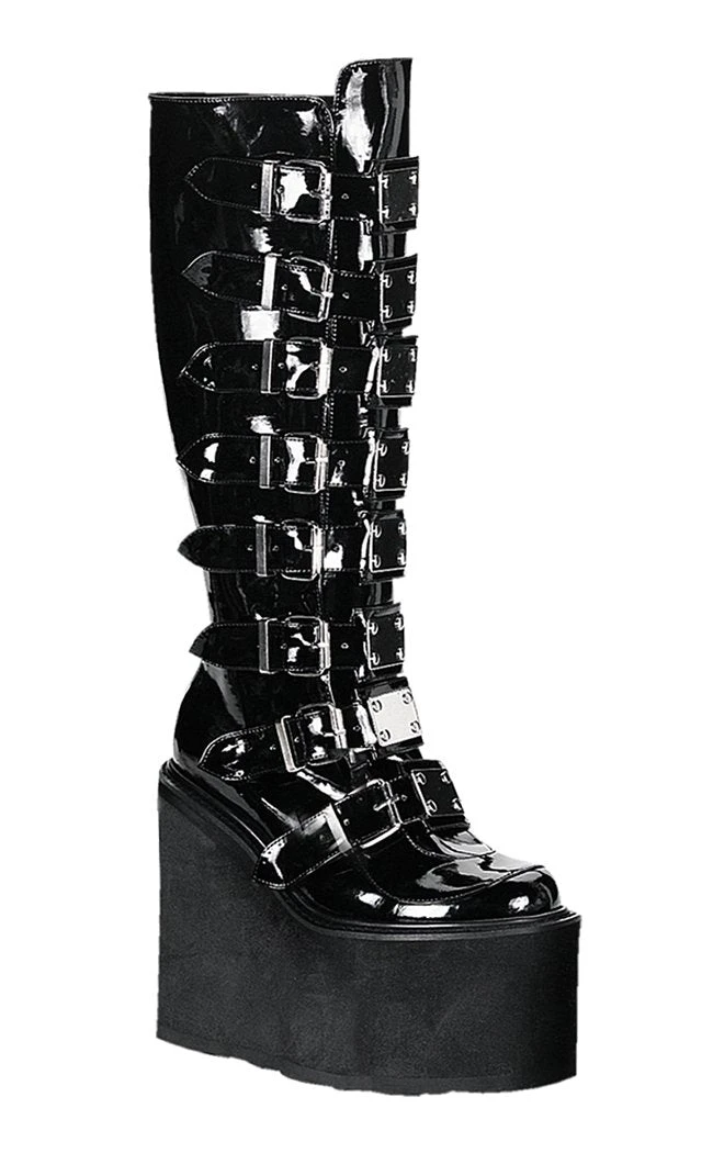 Demonia Shoes SWING-815 Black Patent Trinity Platform Knee High Boots 8 Demonia Shoes SWING-815 Black Patent Trinity Platform Knee High Boots