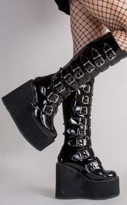 Demonia Shoes SWING-815 Black Patent Trinity Platform Knee High Boots