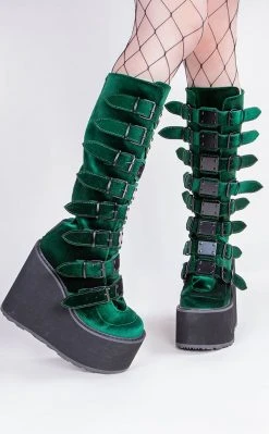 Demonia SWING-815 Emerald Velvet Trinity Platform Knee High Boots (Au Stock)