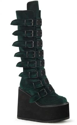 Demonia SWING-815 Emerald Velvet Trinity Platform Knee High Boots