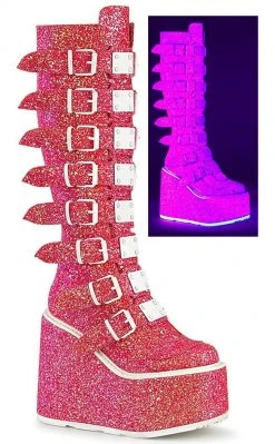 Demonia Shoes SWING-815 Pink Glitter Trinity Platform Knee High Boots (Au Stock)