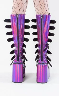 Demonia SWING-815 Purple Holo Trinity Platform Knee High Boots Shoes