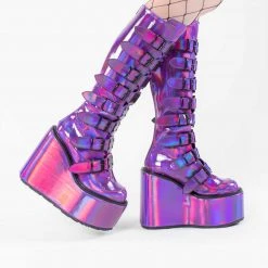 Demonia SWING-815 Purple Holo Trinity Platform Knee High Boots Shoes