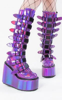 Demonia SWING-815 Purple Holo Trinity Platform Knee High Boots Shoes