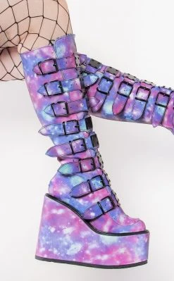 Demonia Shoes SWING-815 UV Galaxy Trinity Platform Knee High Boots