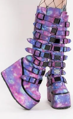Demonia Shoes SWING-815 UV Galaxy Trinity Platform Knee High Boots