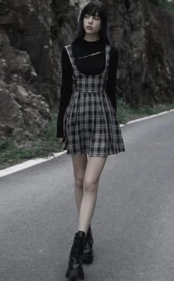 Punk Rave Stone Silence Pleated Dress | Black & Yellow Tartan Clothing