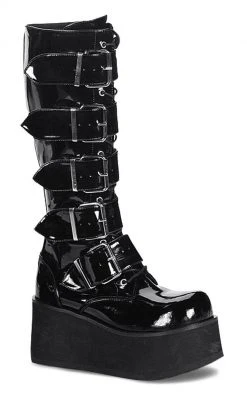 Demonia Shoes TRASHVILLE-518 Black Patent Platform Knee High Boots