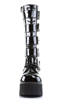Demonia Shoes TRASHVILLE-518 Black Patent Platform Knee High Boots