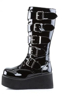 Demonia Shoes TRASHVILLE-518 Black Patent Platform Knee High Boots