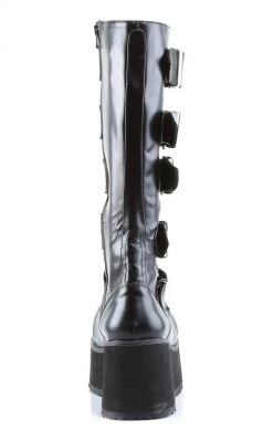 Demonia Shoes TRASHVILLE-518 Black Patent Platform Knee High Boots