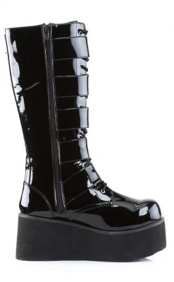 Demonia Shoes TRASHVILLE-518 Black Patent Platform Knee High Boots