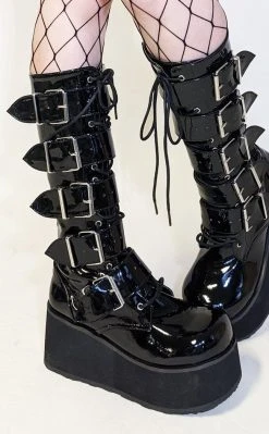 Demonia Shoes TRASHVILLE-518 Black Patent Platform Knee High Boots