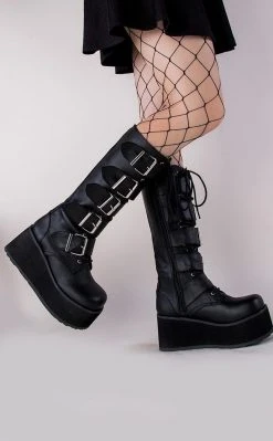 Demonia TRASHVILLE-518 Black Vegan Leather Platform Knee High Boots (Au Stock) Shoes