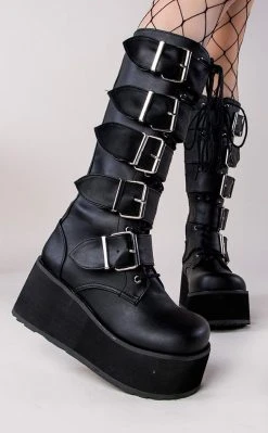 Demonia TRASHVILLE-518 Black Vegan Leather Platform Knee High Boots (Au Stock) Shoes