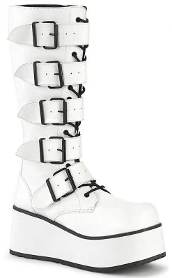 Demonia TRASHVILLE-518 White Vegan Leather Platform Knee High Boots