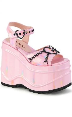 Demonia Shoes WAVE-09 Pink Holographic Platform Sandals (Au Stock)