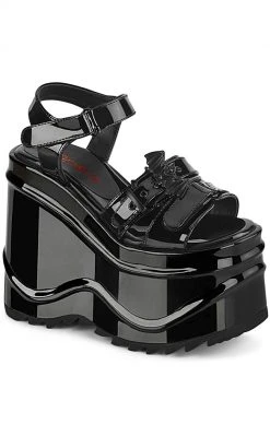 Demonia Shoes WAVE-13 Black Patent Platform Sandals