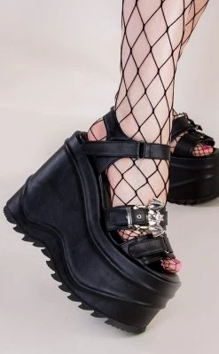 Demonia WAVE-13 Black Vegan Leather Platform Sandals Shoes