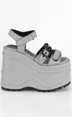 Demonia Shoes WAVE-13 Grey Reflective Platform Sandals
