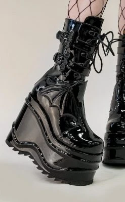Demonia Shoes WAVE-150 Black Patent Platform Boots