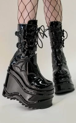 Demonia Shoes WAVE-150 Black Patent Platform Boots