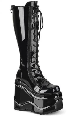 Demonia WAVE-200 Black Patent Knee High Platform Boots Shoes