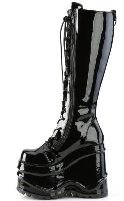 Demonia WAVE-200 Black Patent Knee High Platform Boots Shoes
