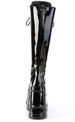 Demonia WAVE-200 Black Patent Knee High Platform Boots Shoes