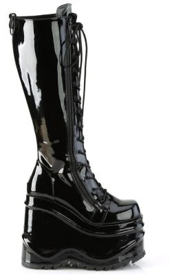 Demonia WAVE-200 Black Patent Knee High Platform Boots Shoes