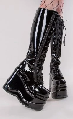Demonia WAVE-200 Black Patent Knee High Platform Boots Shoes