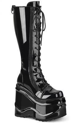 Demonia Sale WAVE-200 Black Patent Knee High Platform Boots (Last Pair: Size 12)